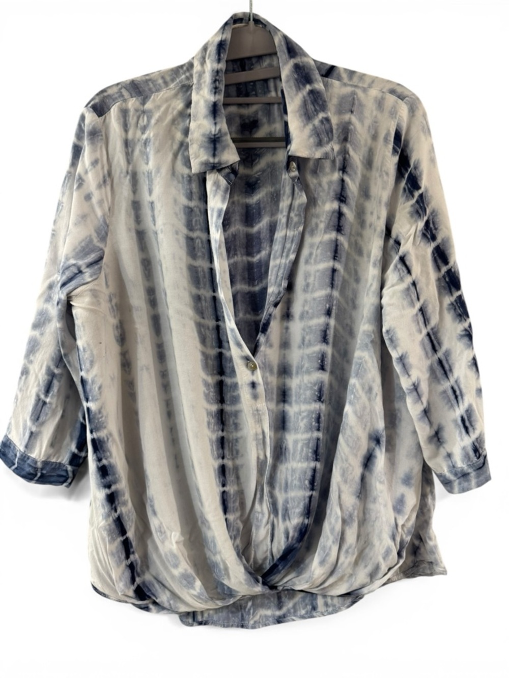 Just Cruisin Women Blue White Tie Dye Shibori Draped Hem Rayon Blouse Size M